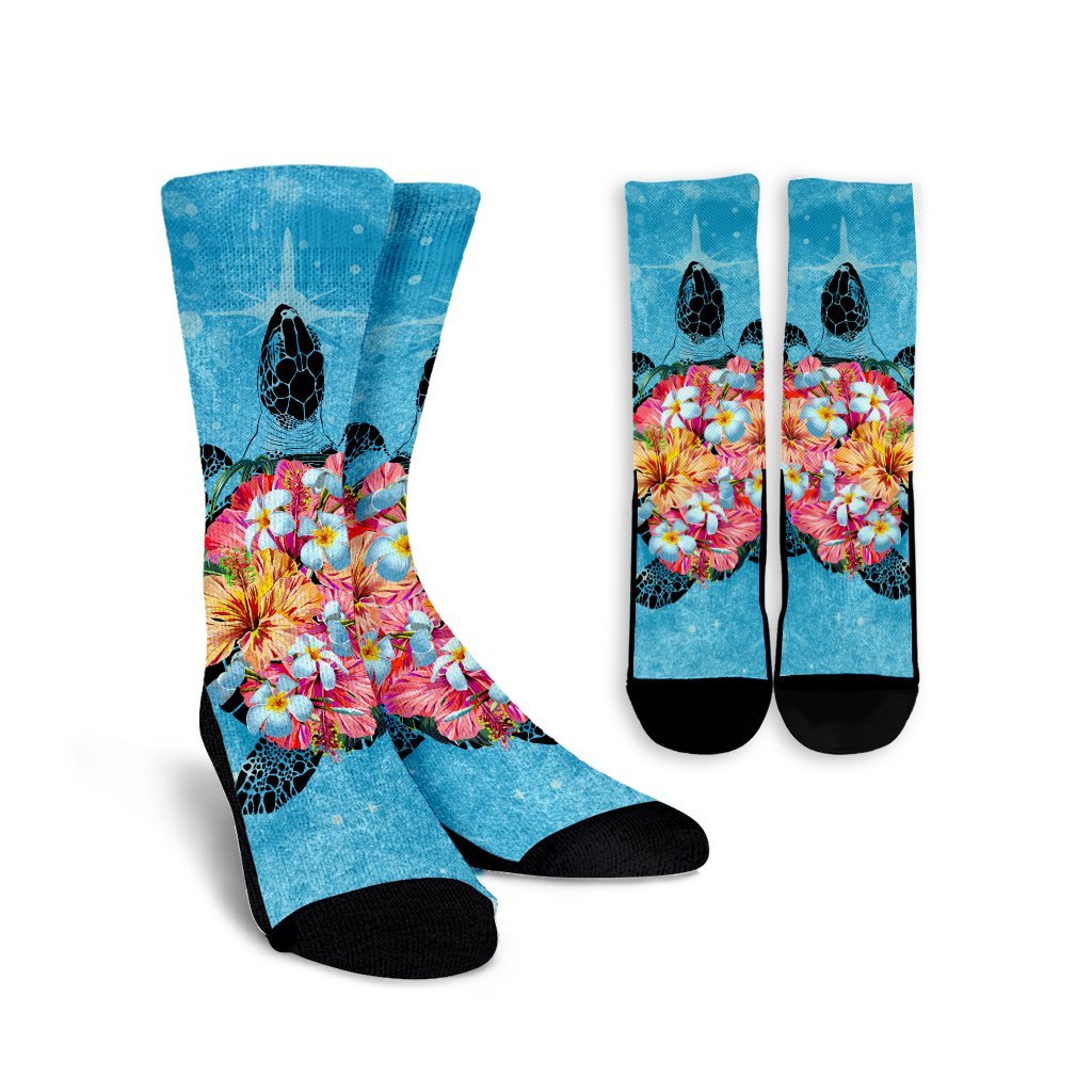 Hawaiian - Hawaii Turtle Hibiscus Plumeria Crew Socks - AH Crew Socks White - Polynesian Pride