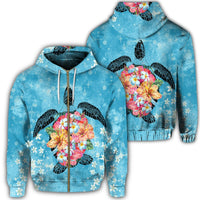 Hawaiian Hawaii Turtle Hibiscus Plumeria Zip Hoodie Unisex Art - Polynesian Pride