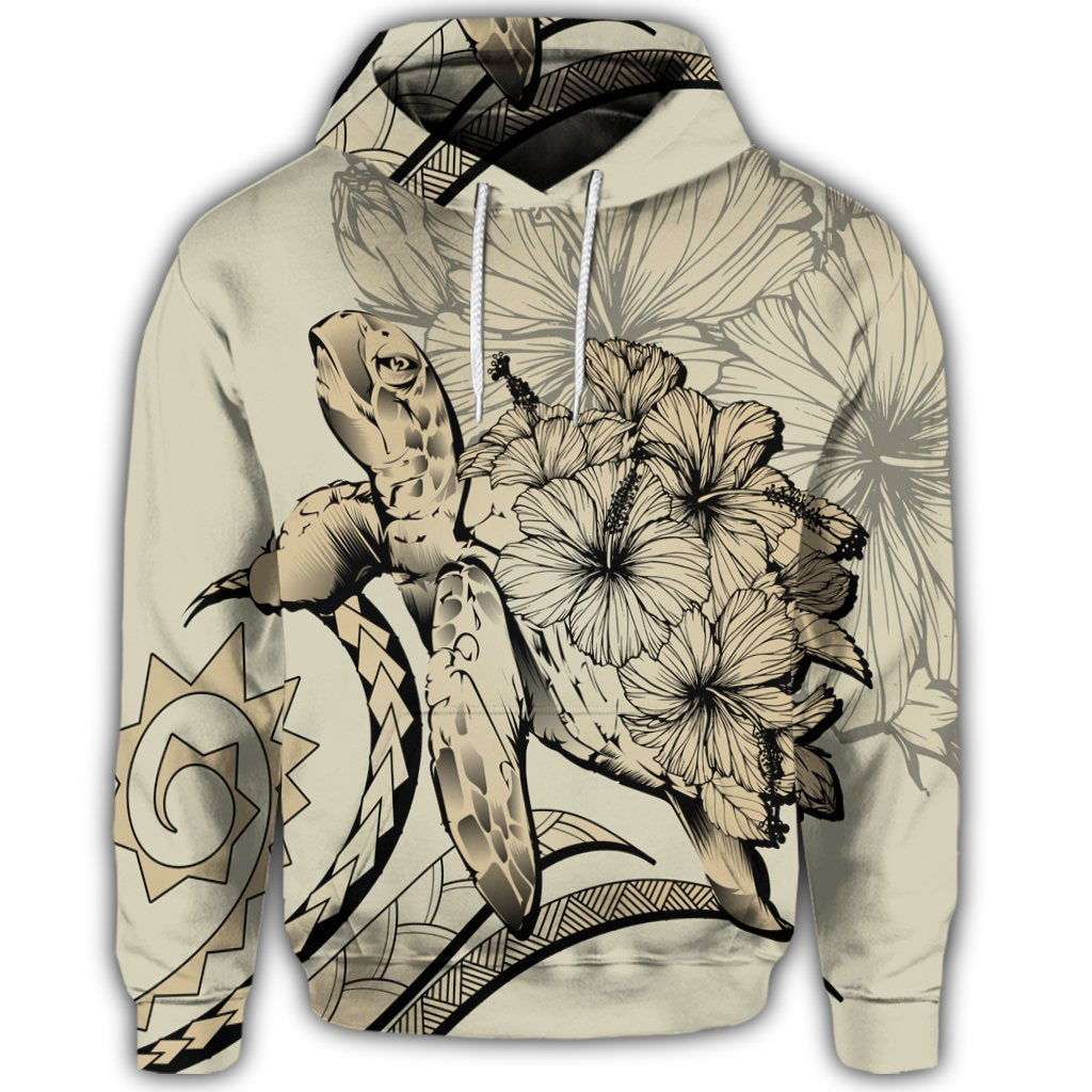 Hawaiian Hoodie Hawaiian Turtle Hibiscus Polynesian Vintage Hoodie Beige - Polynesian Pride