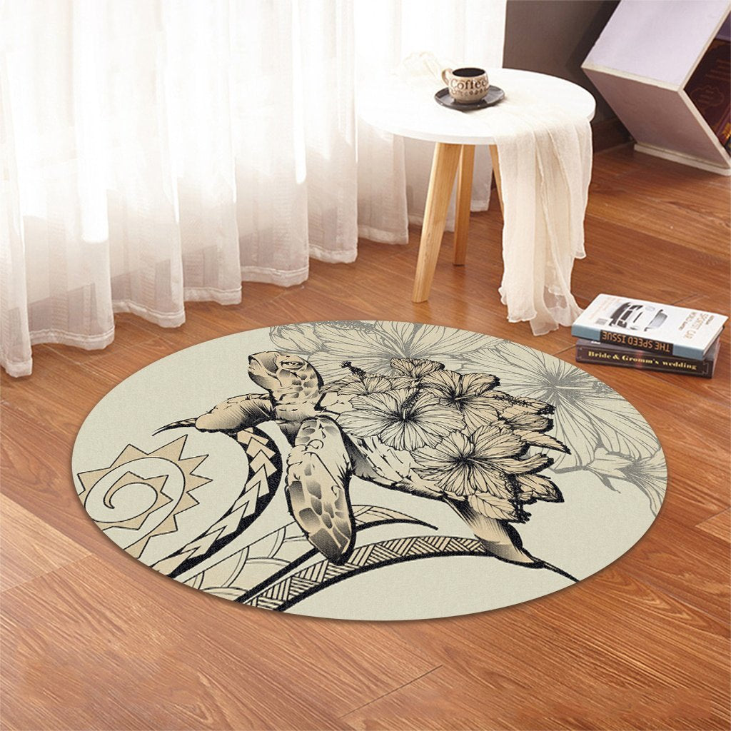 Hawaiian - Hawaii Turtle Hibiscus Polynesian Vintage Round Carpet - Beige - AH - Polynesian Pride