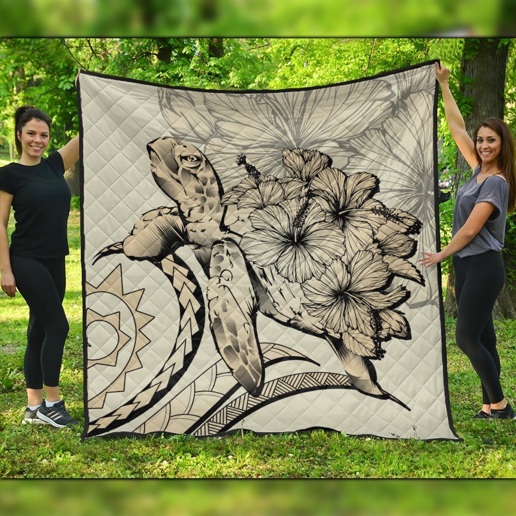 Hawaiian - Hawaii Turtle Hibiscus Polynesian Vintage Premium Quilts - Beige - AH Black - Polynesian Pride