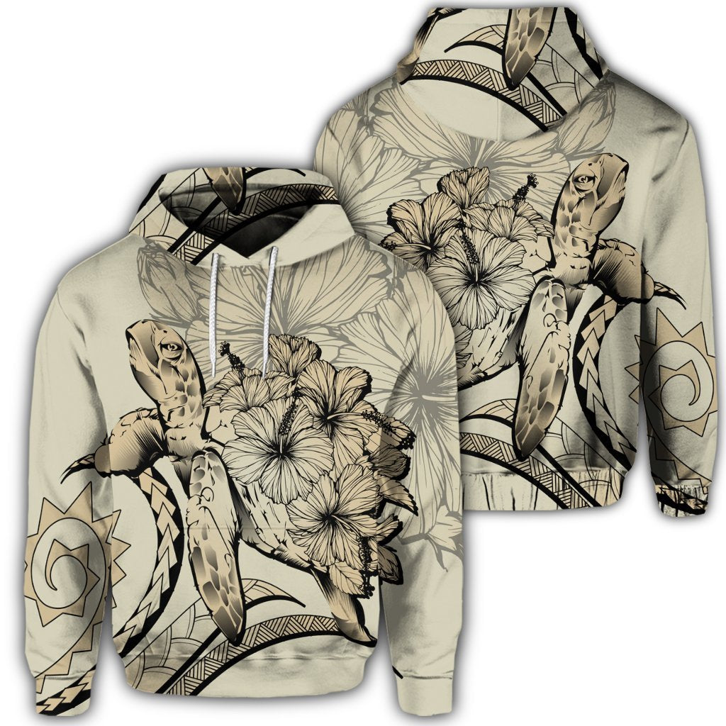 Hawaiian Hoodie Hawaiian Turtle Hibiscus Polynesian Vintage Hoodie Beige Unisex Art - Polynesian Pride