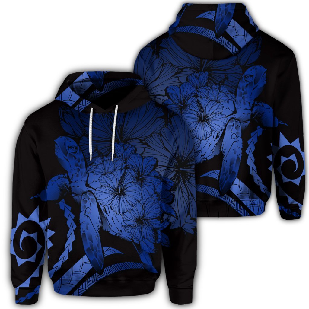 Hawaiian Hoodie Hawaiian Turtle Hibiscus Polynesian Vintage Hoodie Blue Unisex Art - Polynesian Pride