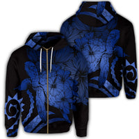 Hawaiian Hawaii Turtle Hibiscus Polynesian Vintage Zip Hoodie Blue Unisex Art - Polynesian Pride