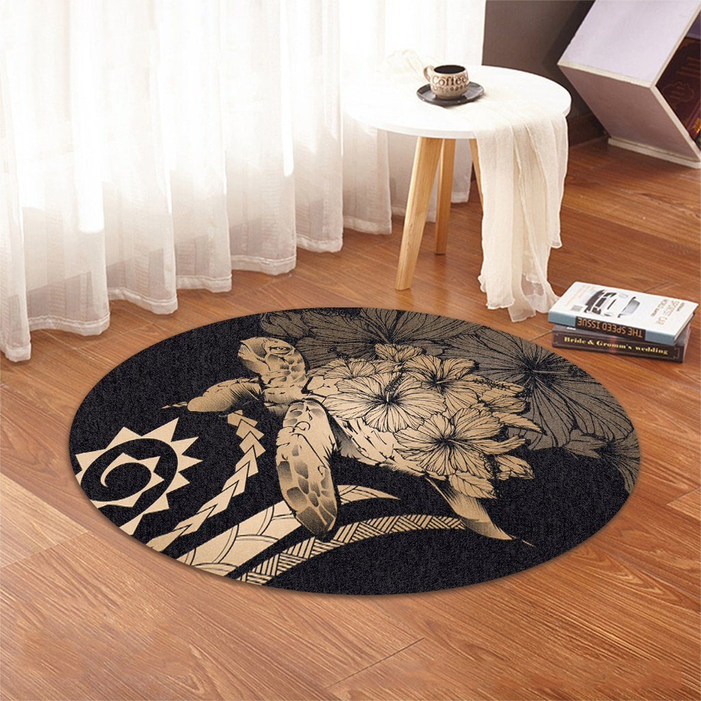 Hawaiian - Hawaii Turtle Hibiscus Polynesian Vintage Round Carpet - Gold - AH - Polynesian Pride