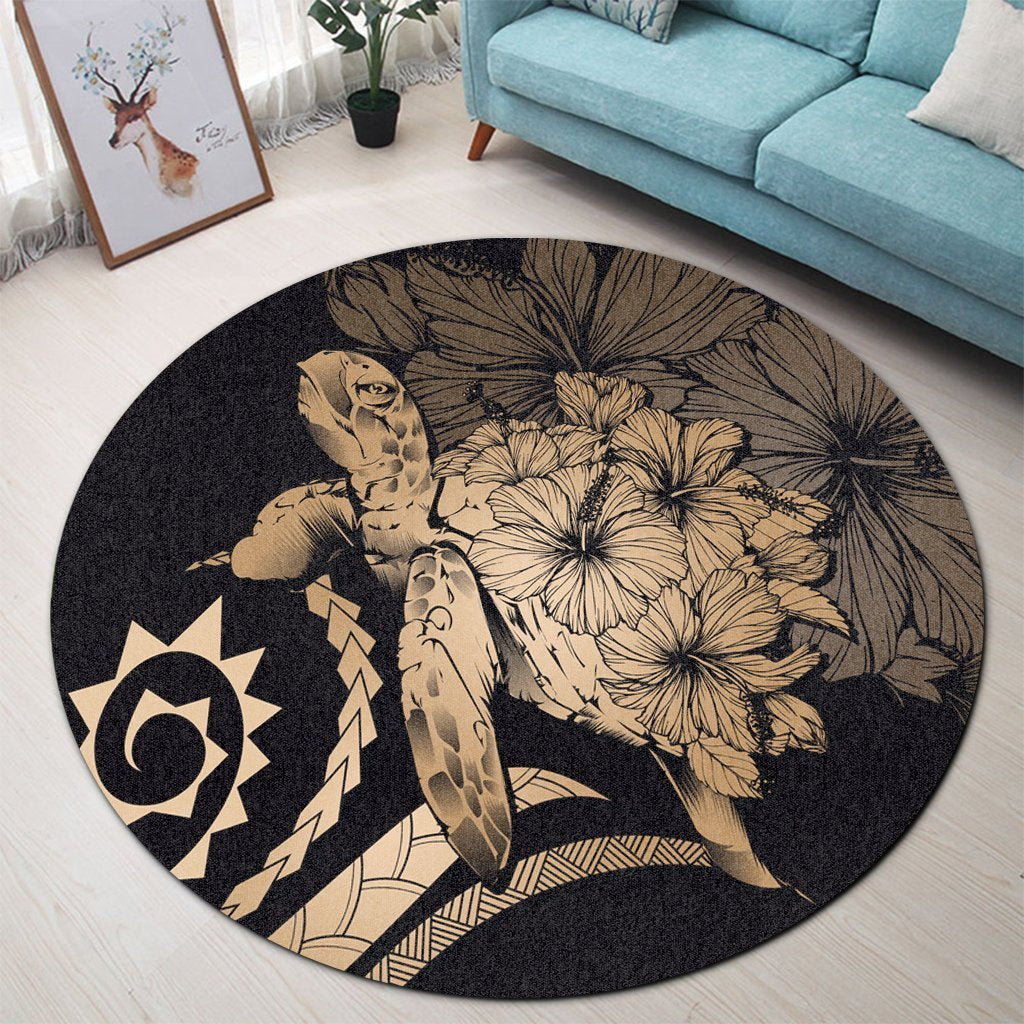 Hawaiian - Hawaii Turtle Hibiscus Polynesian Vintage Round Carpet - Gold - AH - Polynesian Pride