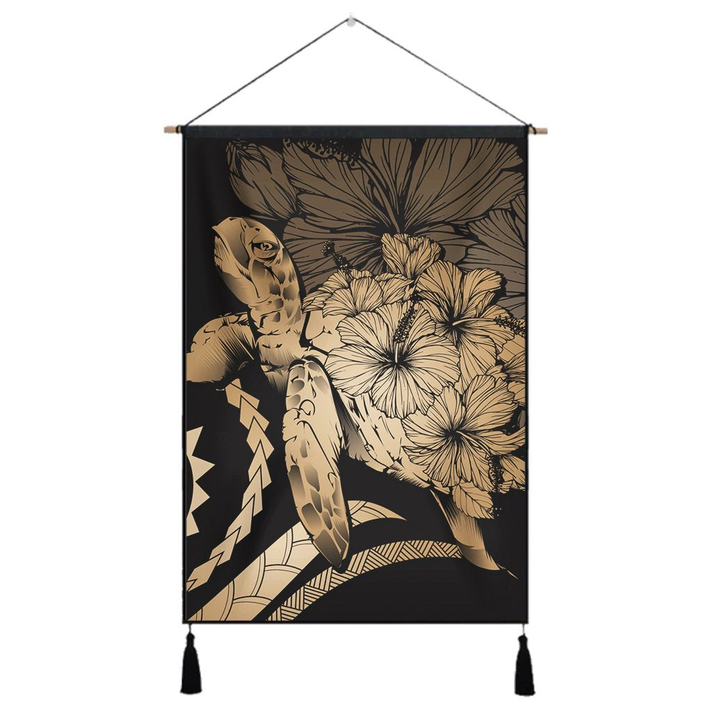 Hawaiian - Hawaii Turtle Hibiscus Polynesian Vintage Hanging Poster - Gold - AH Hanging Poster Cotton And Linen - Polynesian Pride