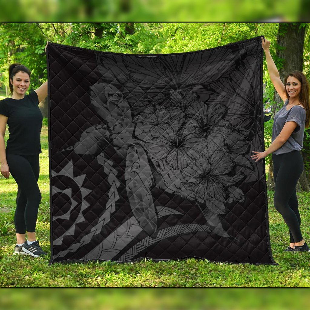 Hawaiian - Hawaii Turtle Hibiscus Polynesian Vintage Premium Quilts - Gray - AH Black - Polynesian Pride