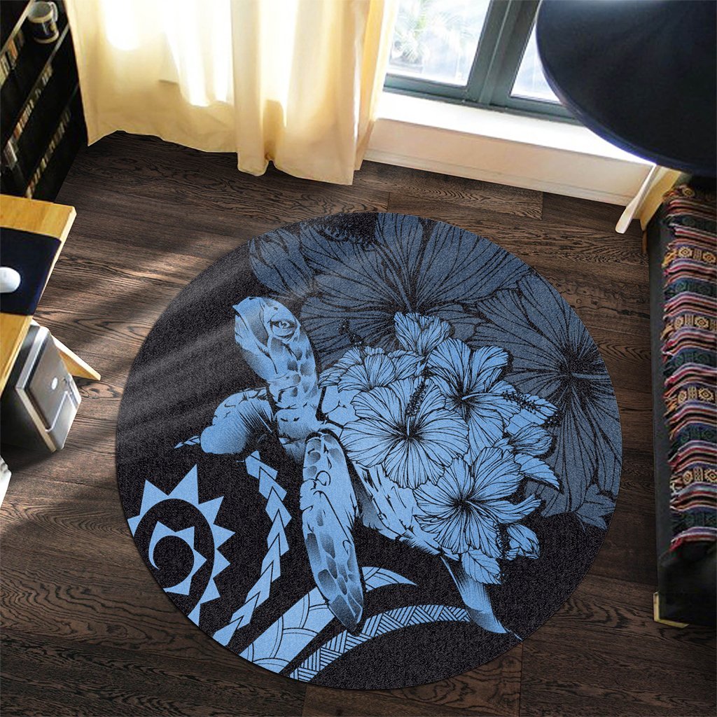 Hawaiian - Hawaii Turtle Hibiscus Polynesian Vintage Round Carpet - Pastel Blue - AH - Polynesian Pride