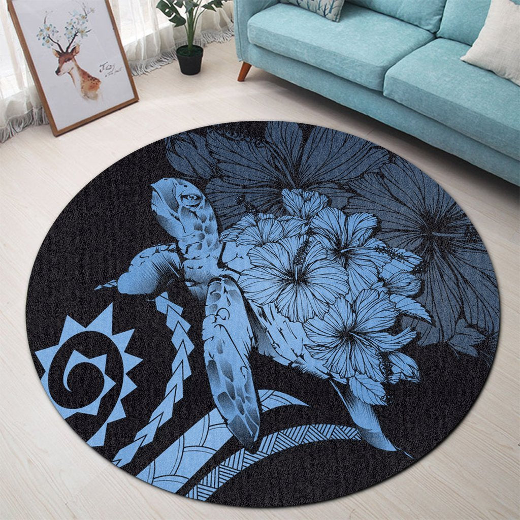Hawaiian - Hawaii Turtle Hibiscus Polynesian Vintage Round Carpet - Pastel Blue - AH - Polynesian Pride