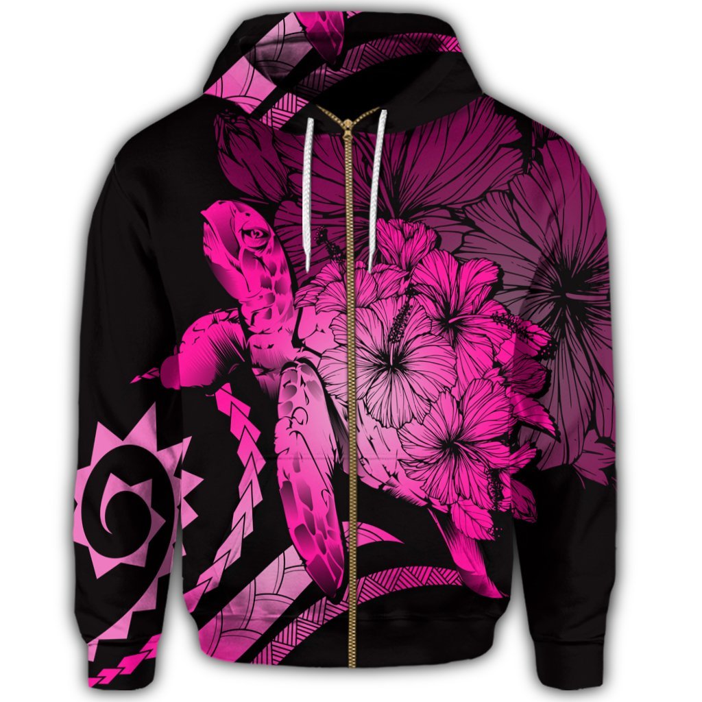 Hawaiian Hawaii Turtle Hibiscus Polynesian Vintage Zip Hoodie Pink - Polynesian Pride