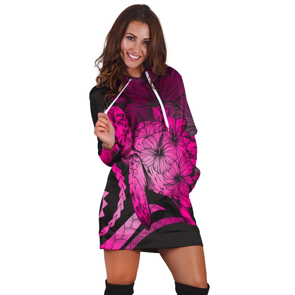 Hawaiian - Hawaii Turtle Hibiscus Polynesian Vintage Hoodie Dress - Pink - AH - Polynesian Pride