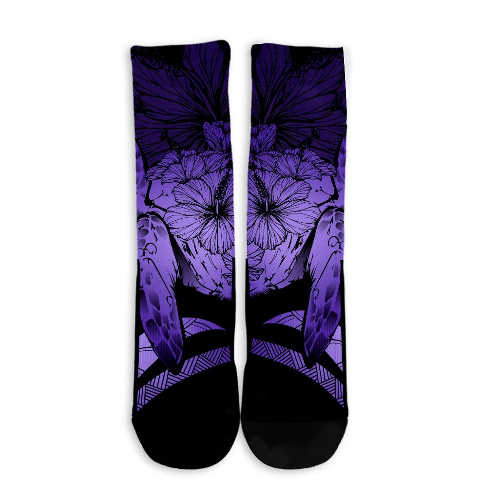Hawaiian - Hawaii Turtle Hibiscus Polynesian Vintage Crew Socks - Purple - AH - Polynesian Pride
