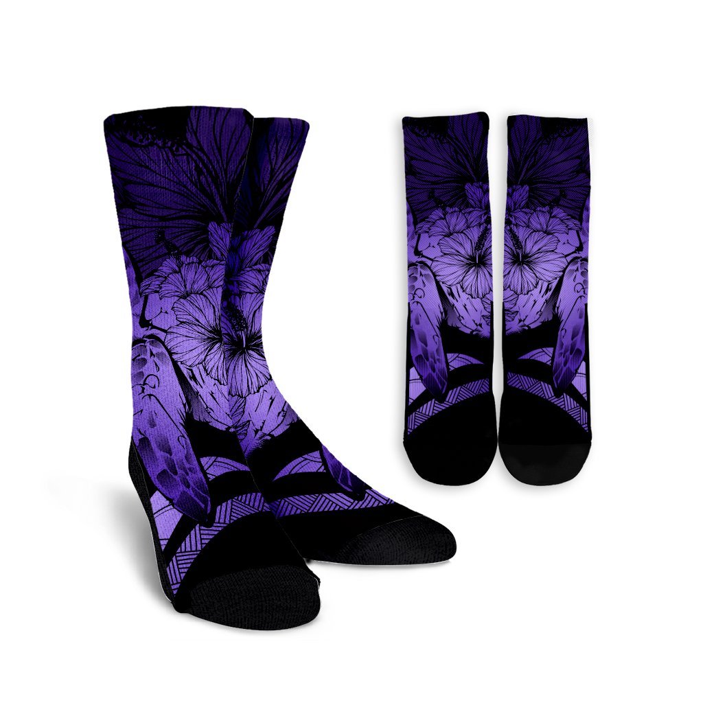 Hawaiian - Hawaii Turtle Hibiscus Polynesian Vintage Crew Socks - Purple - AH Crew Socks White - Polynesian Pride