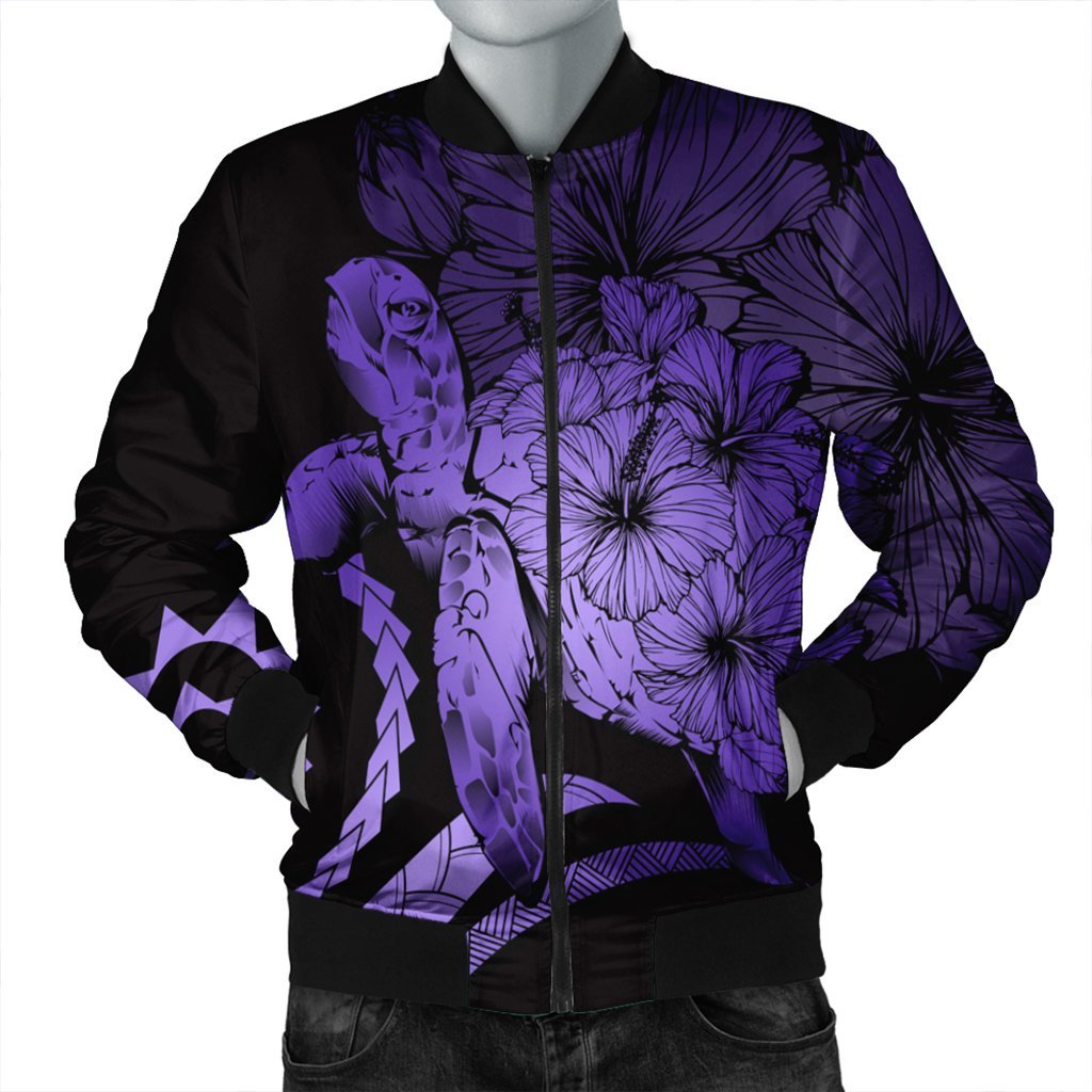Hawaiian - Hawaii Turtle Hibiscus Polynesian Vintage Bomber Jacket - Purple - AH Black Unisex - Polynesian Pride