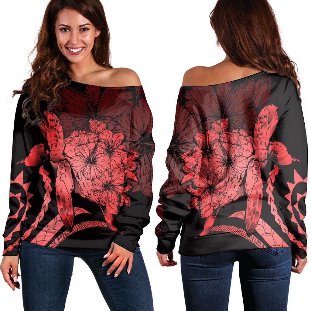 Hawaiian - Hawaii Turtle Hibiscus Polynesian Vintage Women's Off Shoulder Sweater - Red - AH Black - Polynesian Pride