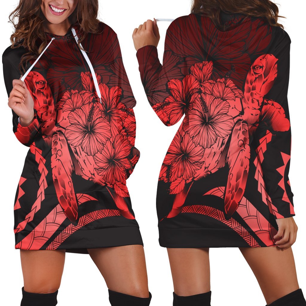 Hawaiian - Hawaii Turtle Hibiscus Polynesian Vintage Hoodie Dress - Red - AH Black - Polynesian Pride