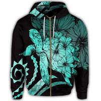 Hawaiian Hawaii Turtle Hibiscus Polynesian Vintage Zip Hoodie Turquoise - Polynesian Pride