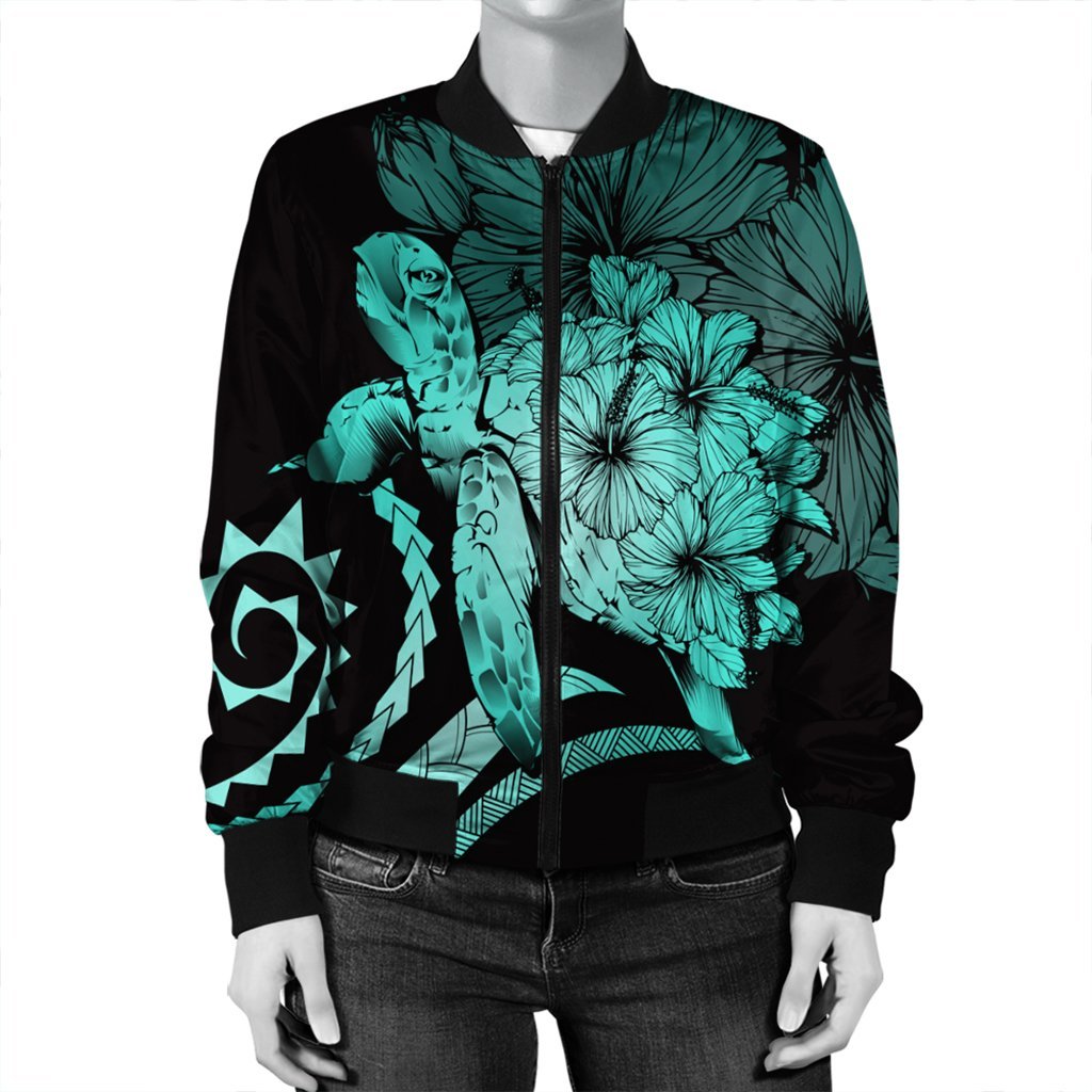 Hawaiian - Hawaii Turtle Hibiscus Polynesian Vintage Bomber Jacket - Turquoise - AH - Polynesian Pride
