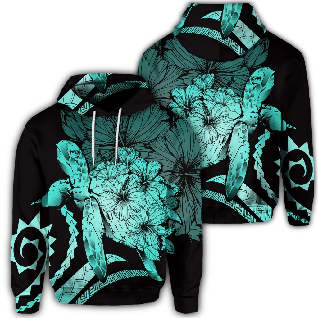 Hawaiian Hoodie Hawaiian Turtle Hibiscus Polynesian Vintage Hoodie Turquoise Unisex Art - Polynesian Pride
