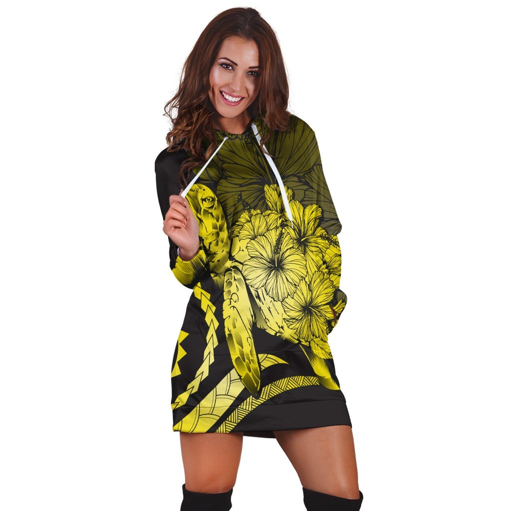 Hawaiian - Hawaii Turtle Hibiscus Polynesian Vintage Hoodie Dress - Yellow - AH - Polynesian Pride