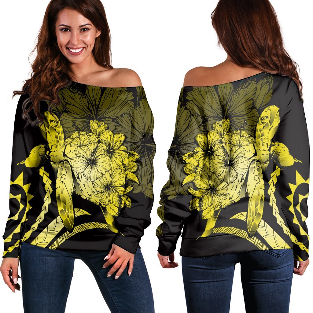 Hawaiian - Hawaii Turtle Hibiscus Polynesian Vintage Women's Off Shoulder Sweater - Yellow - AH Black - Polynesian Pride