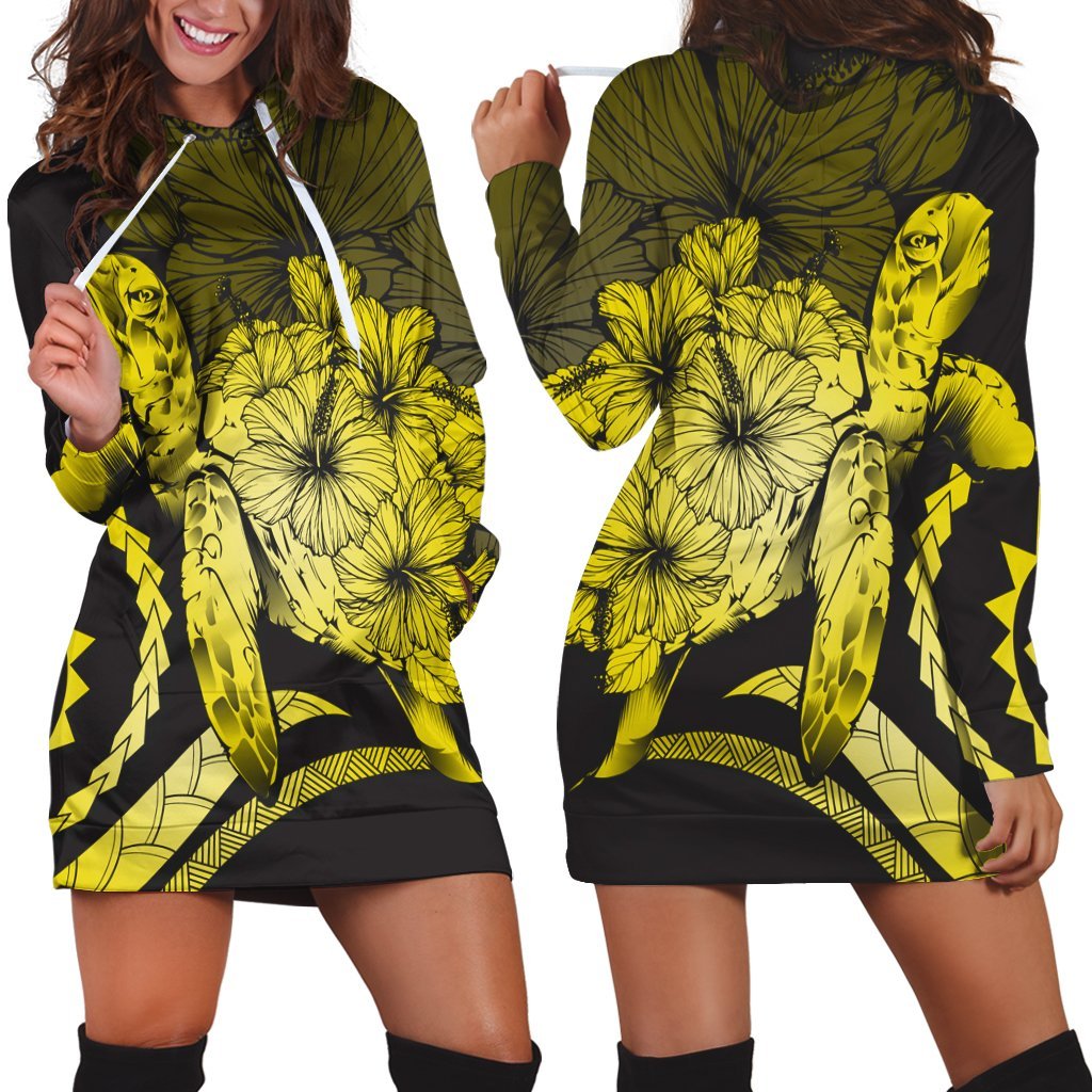 Hawaiian - Hawaii Turtle Hibiscus Polynesian Vintage Hoodie Dress - Yellow - AH Black - Polynesian Pride