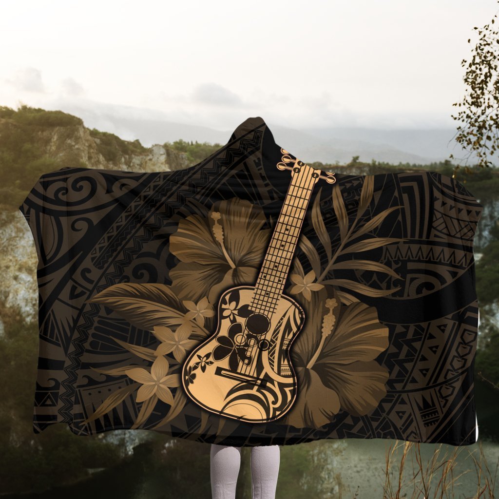 Hawaiian - Hawaii Ukulele Flower Hooded Blanket - Gold - AH - Polynesian Pride
