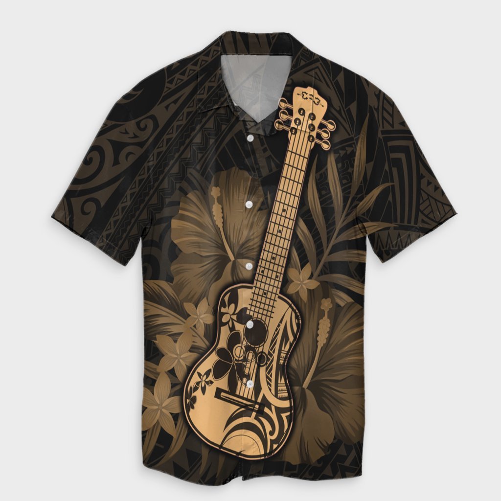 Hawaiian - Hawaii Ukulele Flower Hawaiian Shirt - Gold - AH Unisex Black - Polynesian Pride