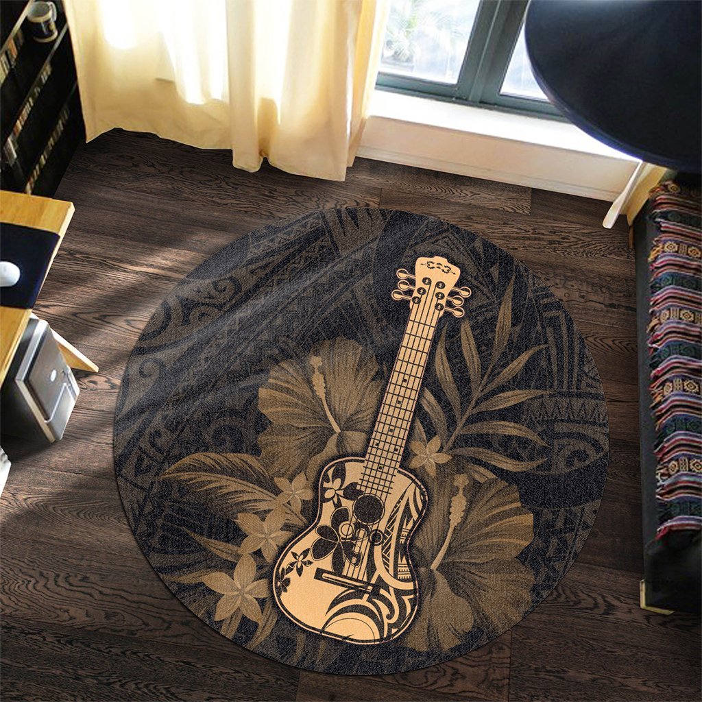 Hawaiian - Hawaii Ukulele Flower Round Carpet - Gold - AH - Polynesian Pride