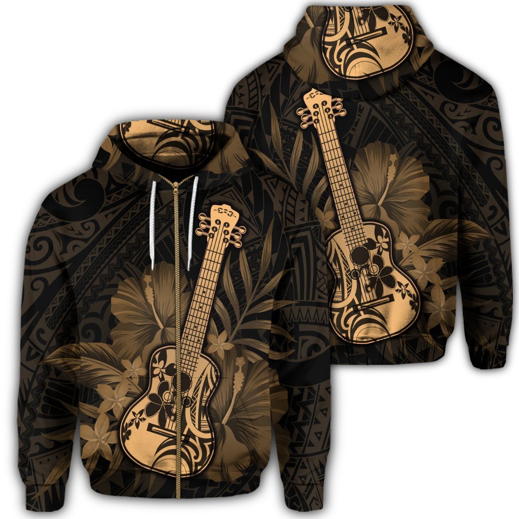 Hawaiian Hawaii Ukulele Flower Zip Hoodie Gold Unisex Art - Polynesian Pride