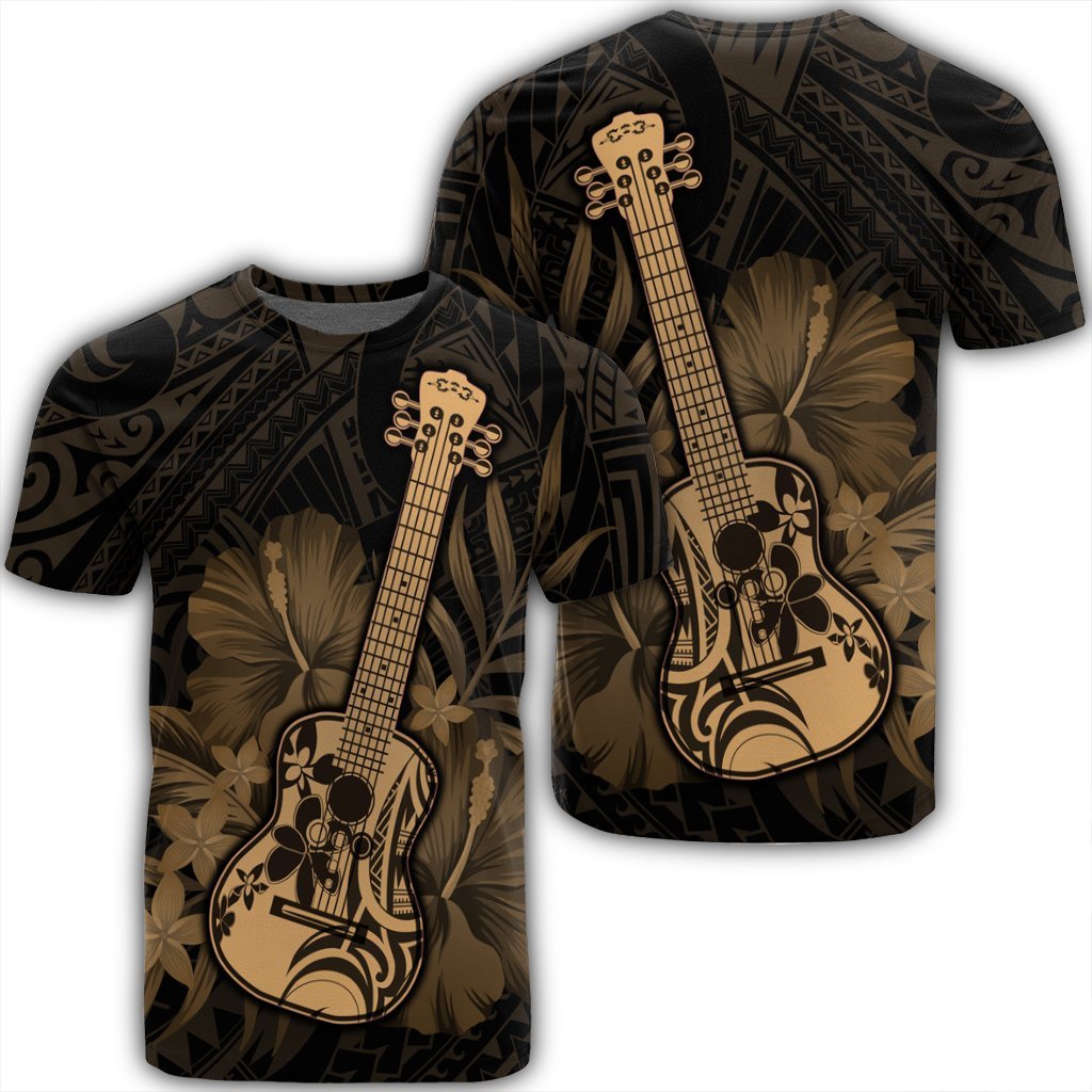 Hawaiian Hawaii Ukulele Flower T Shirt Gold Unisex Black - Polynesian Pride