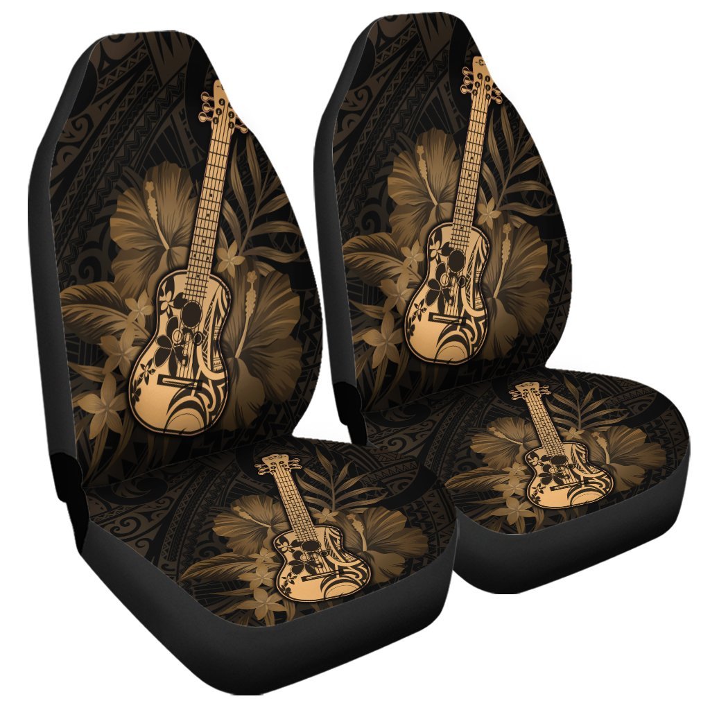 Hawaiian - Hawaii Ukulele Flower Car Seat Covers - Gold - AH Universal Fit Black - Polynesian Pride