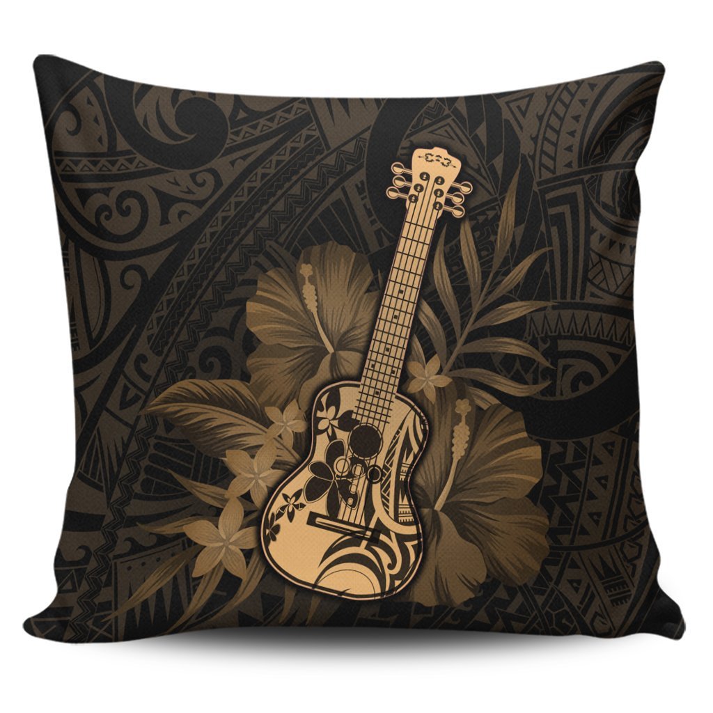 Hawaiian - Hawaii Ukulele Flower Pillow Covers - Gold - AH Pillow Covers Black - Polynesian Pride