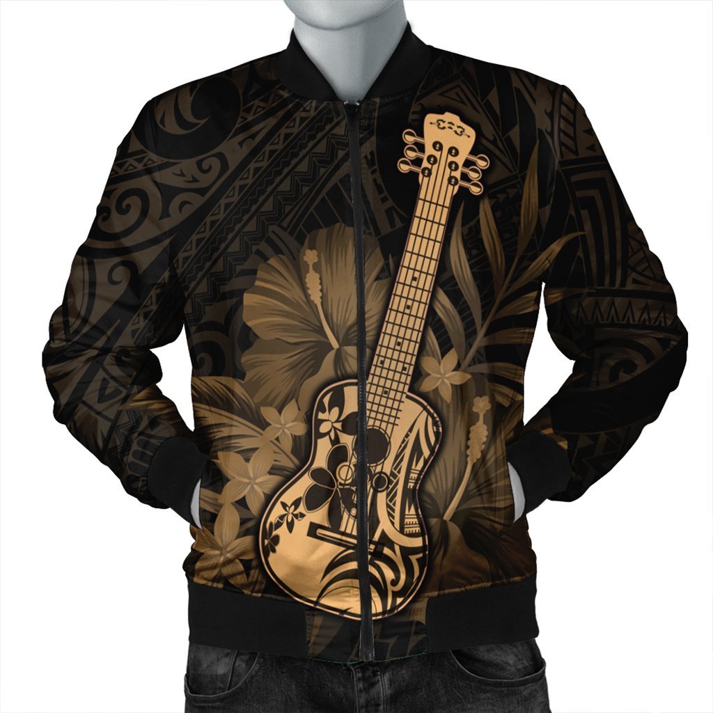 Hawaiian - Hawaii Ukulele Flower Bomber Jacket - Gold - AH Black Unisex - Polynesian Pride