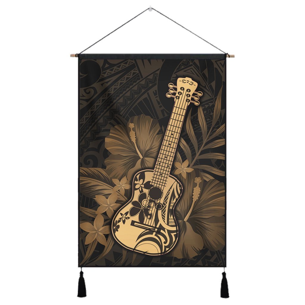 Hawaiian - Hawaii Ukulele Flower Hanging Poster - Gold - AH Hanging Poster Cotton And Linen - Polynesian Pride