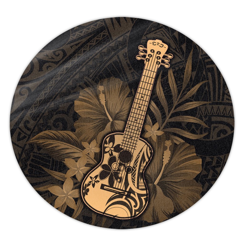 Hawaiian - Hawaii Ukulele Flower Round Carpet - Gold - AH Round Carpet Luxurious Plush - Polynesian Pride