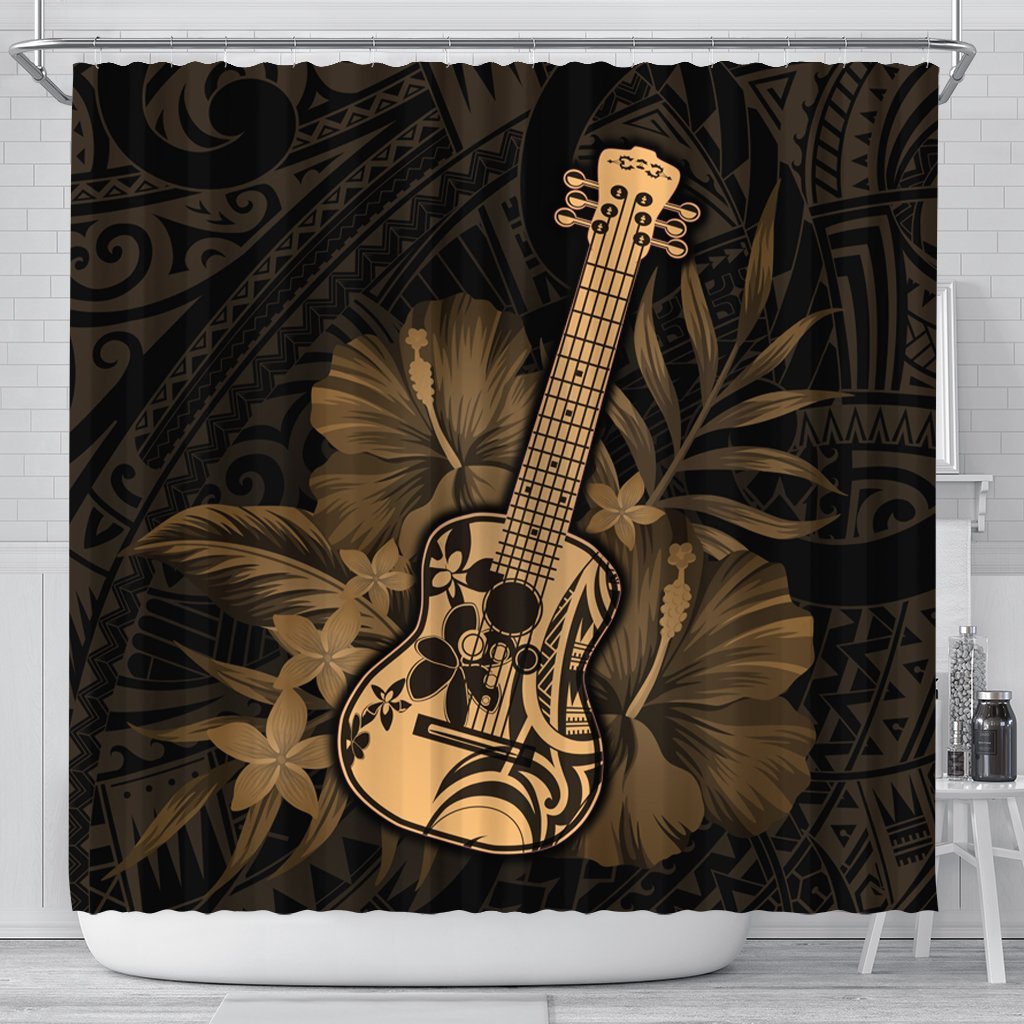 Hawaiian - Hawaii Ukulele Flower Shower Curtain - Gold - AH 177 x 172 (cm) Black - Polynesian Pride