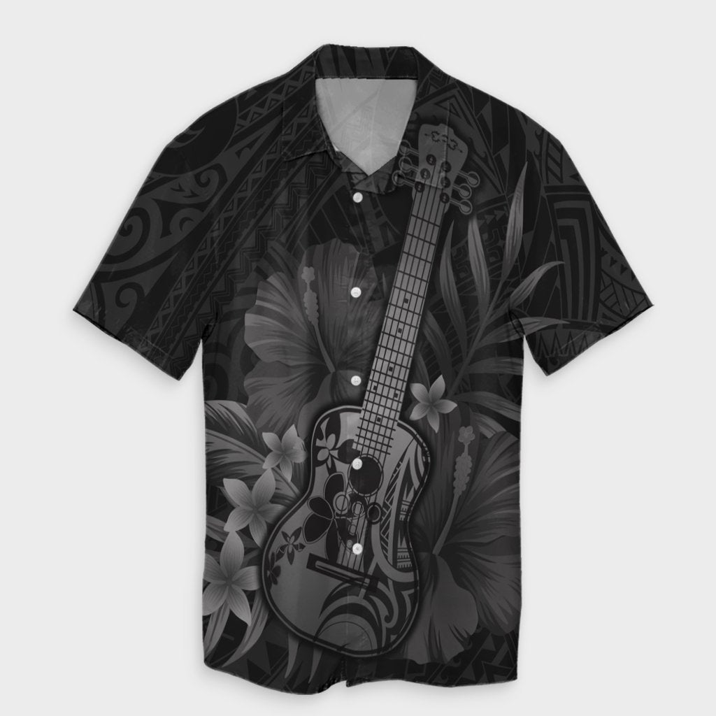 Hawaiian - Hawaii Ukulele Flower Hawaiian Shirt - Gray - AH Unisex Black - Polynesian Pride