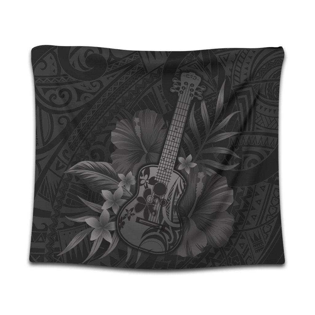 Hawaiian - Hawaii Ukulele Flower Tapestry - Gray - AH Wall Tapestry Black - Polynesian Pride