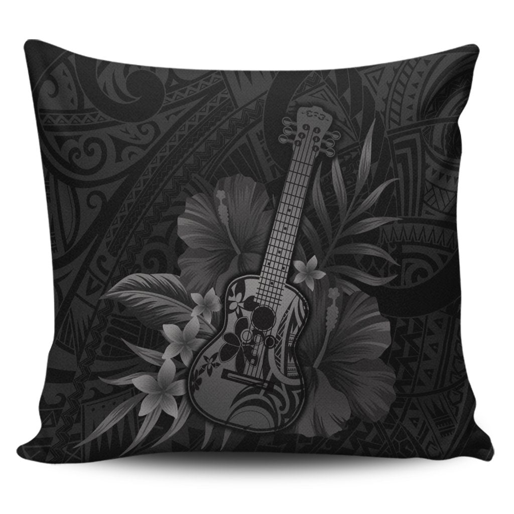 Hawaiian - Hawaii Ukulele Flower Pillow Covers - Gray - AH Pillow Covers Black - Polynesian Pride