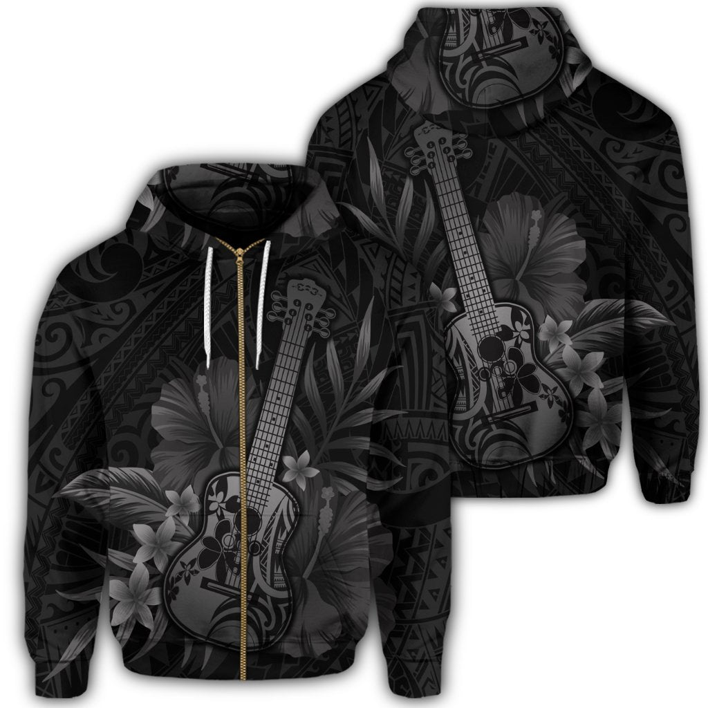 Hawaiian Hawaii Ukulele Flower Zip Hoodie Gray Unisex Art - Polynesian Pride