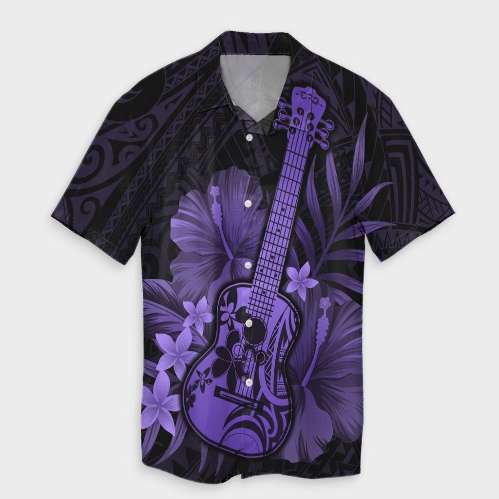 Hawaiian - Hawaii Ukulele Flower Hawaiian Shirt - Purple - AH Unisex Black - Polynesian Pride