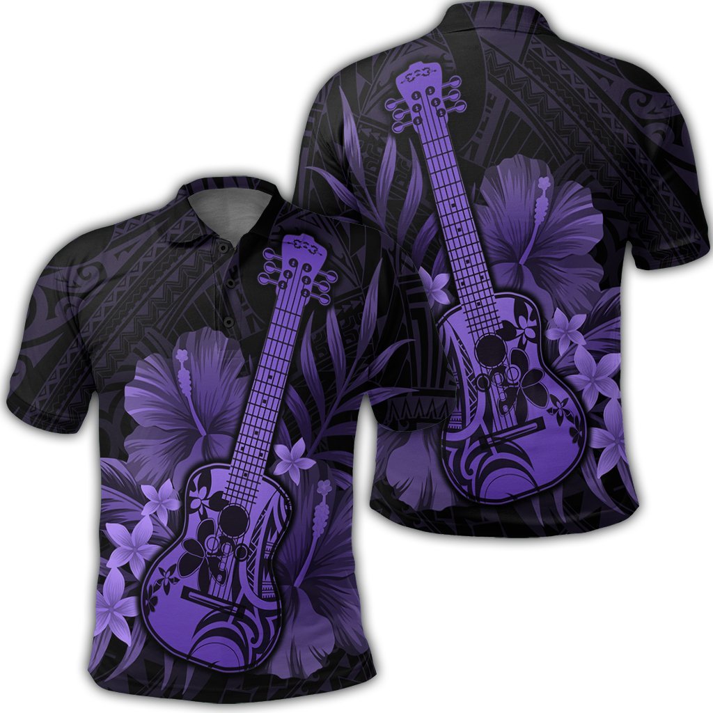Hawaiian Hawaii Ukulele Flower Polo Shirt Purple Unisex Black - Polynesian Pride