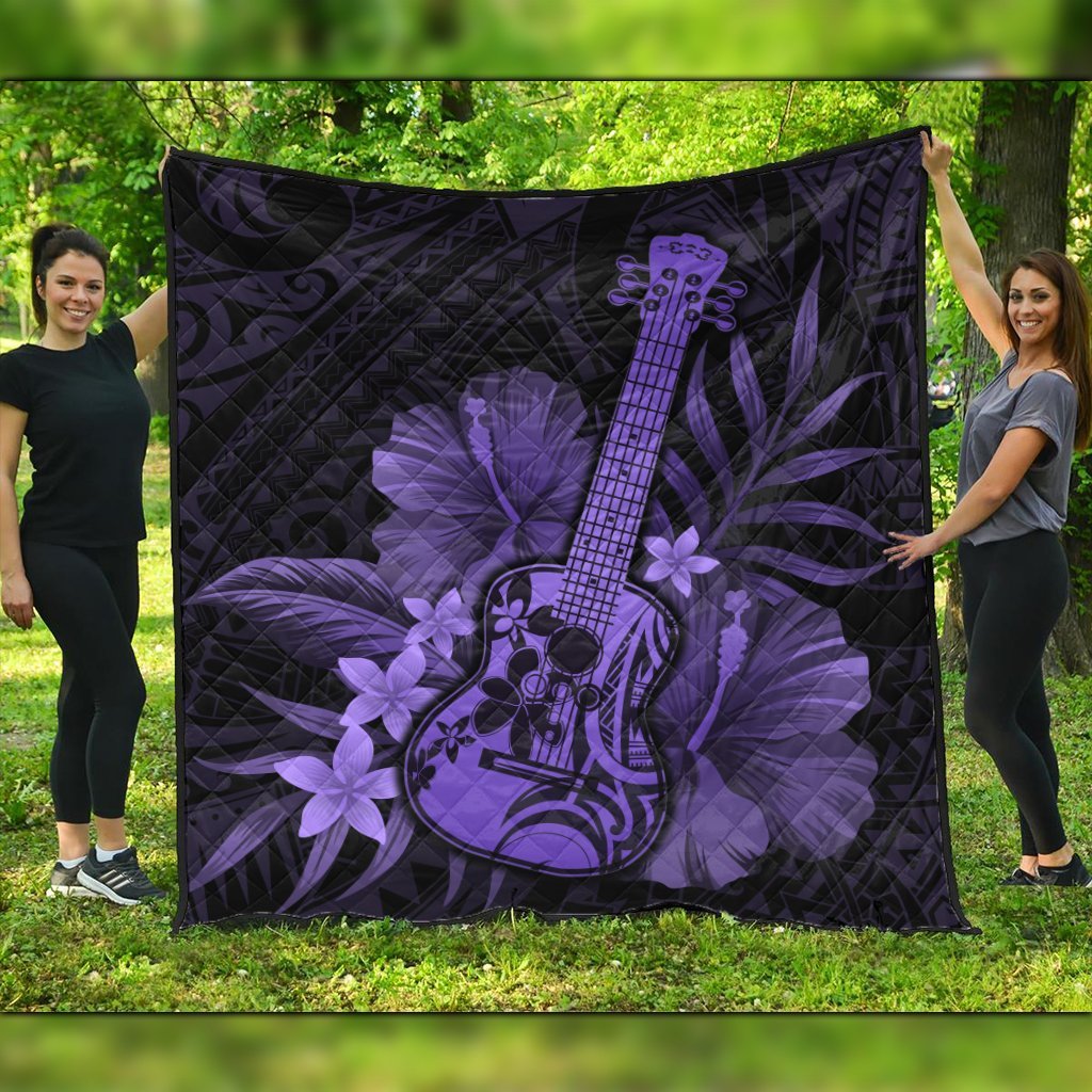 Hawaiian - Hawaii Ukulele Flower Premium Quilts - Purple - AH Black - Polynesian Pride