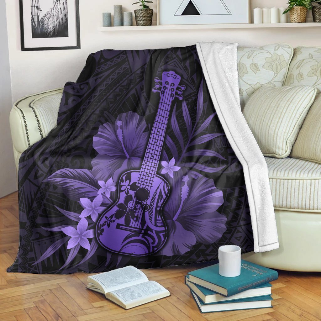 Hawaii Blanket - Hawaii Ukulele Flower Premium Blankets - Purple - AH White - Polynesian Pride
