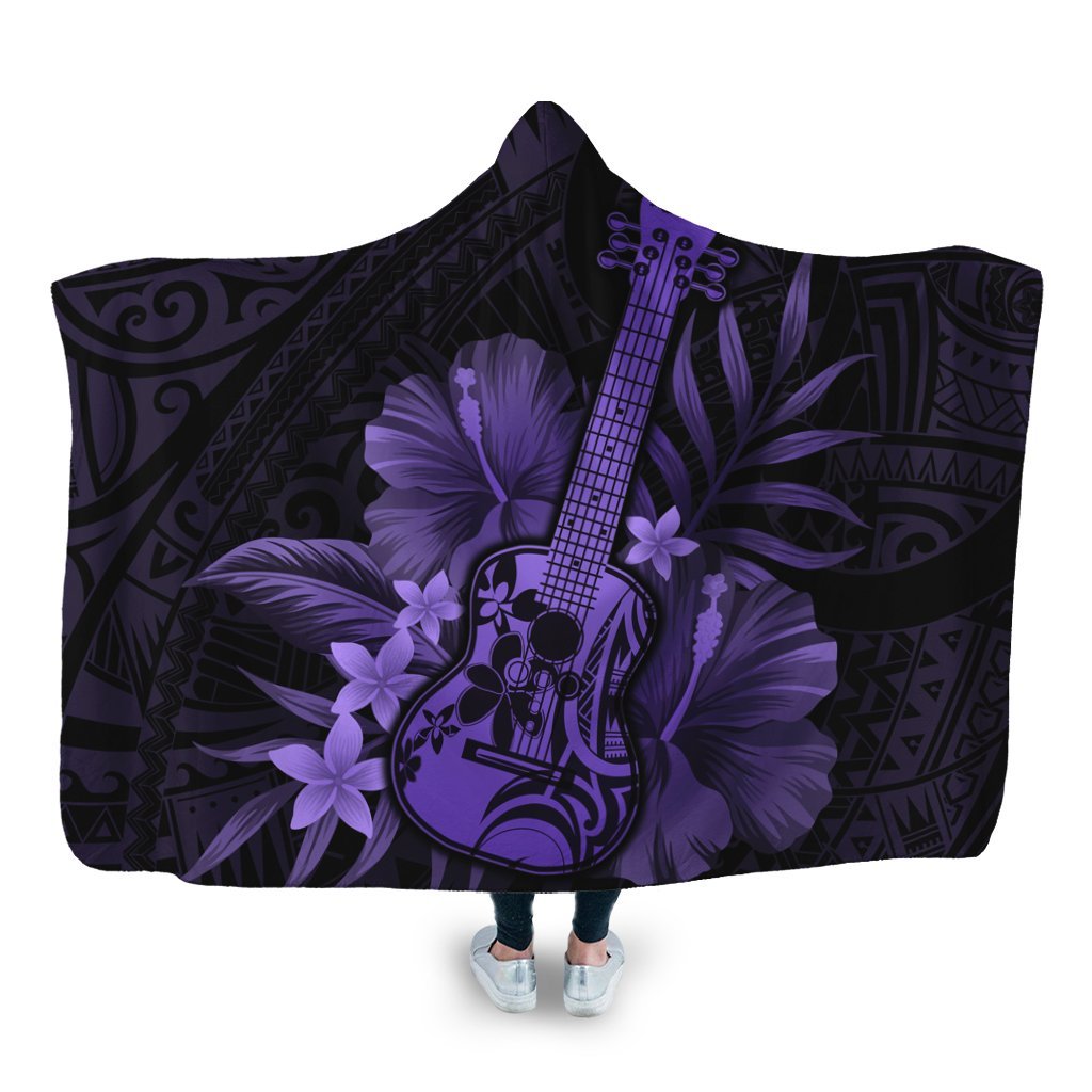 Hawaiian - Hawaii Ukulele Flower Hooded Blanket - Purple - AH Hooded Blanket White - Polynesian Pride