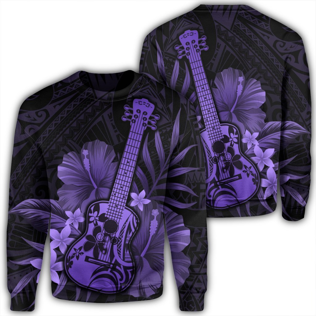 Hawaiian - Hawaii Ukulele Flower Sweatshirt - Purple - AH Unisex Black - Polynesian Pride