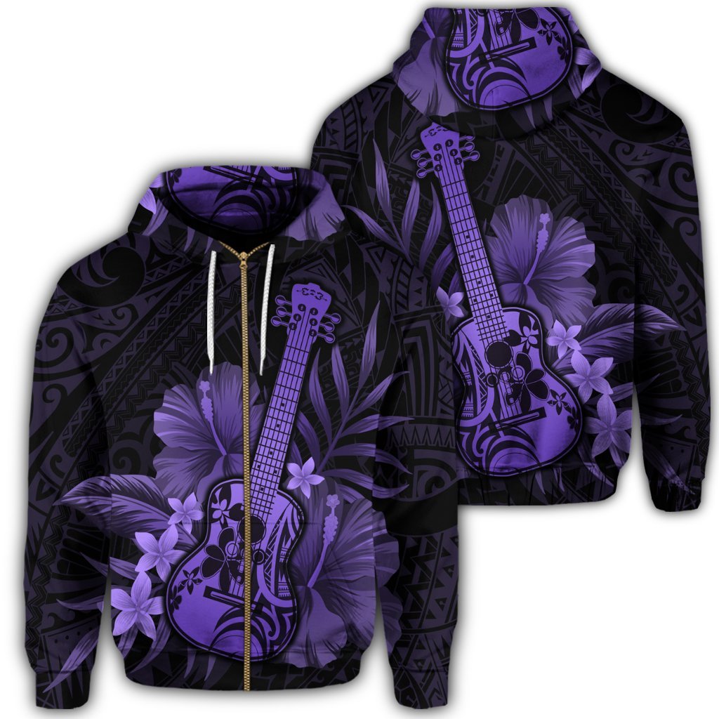 Hawaiian Hawaii Ukulele Flower Zip Hoodie Purple Unisex Art - Polynesian Pride