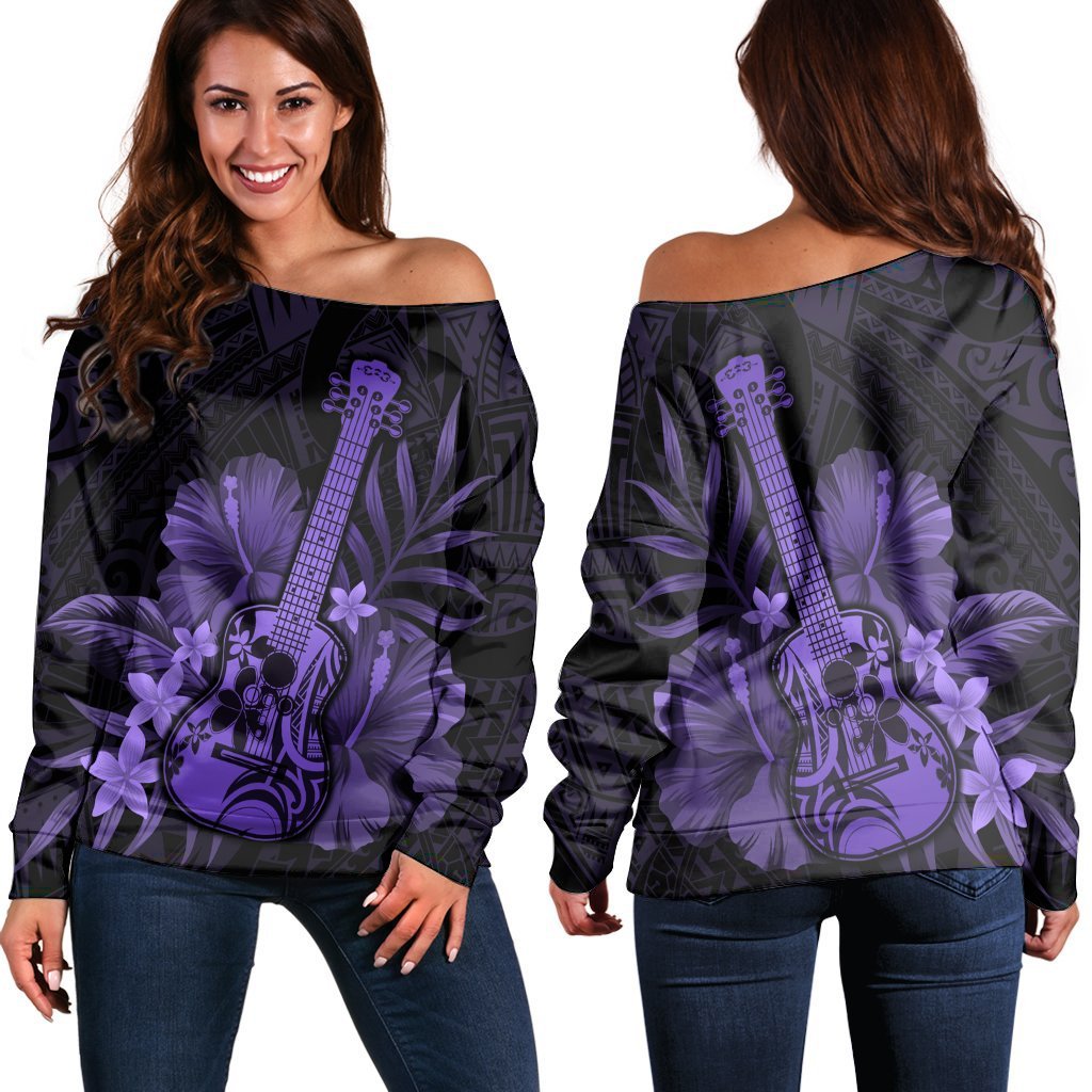 Hawaiian - Hawaii Ukulele Flower Women's Off Shoulder Sweater - Purple - AH Black - Polynesian Pride